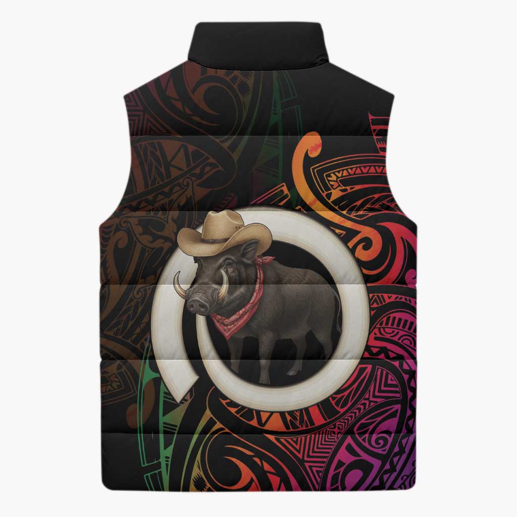 Vanuatu Boar Cowboy Sleeveless Puffer Jacket Tusk Gradient Polynesian Pattern LT14 - Polynesian Pride