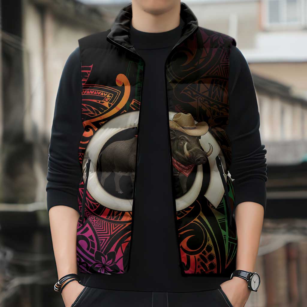 Vanuatu Boar Cowboy Sleeveless Puffer Jacket Tusk Gradient Polynesian Pattern LT14 - Polynesian Pride