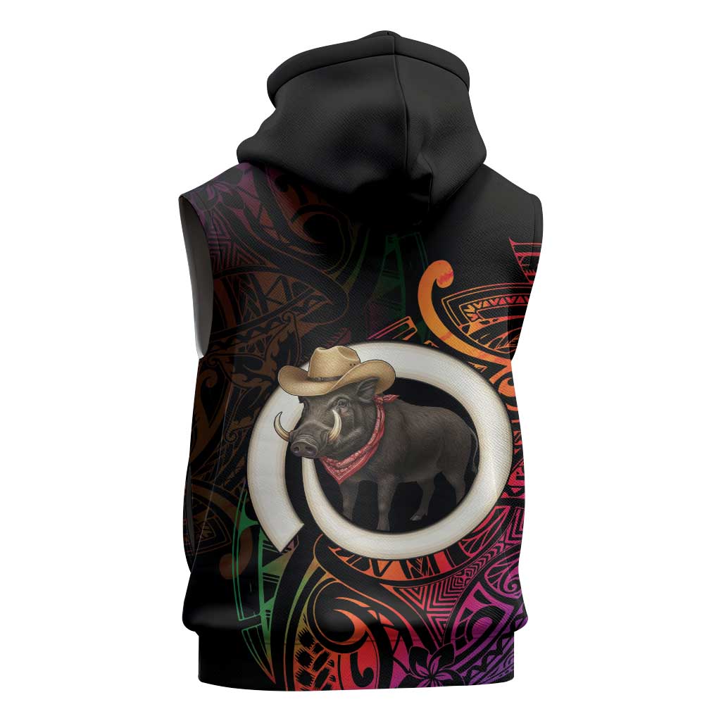 Vanuatu Boar Cowboy Sleeveless Zip Hoodie Tusk Gradient Polynesian Pattern - Polynesian Pride