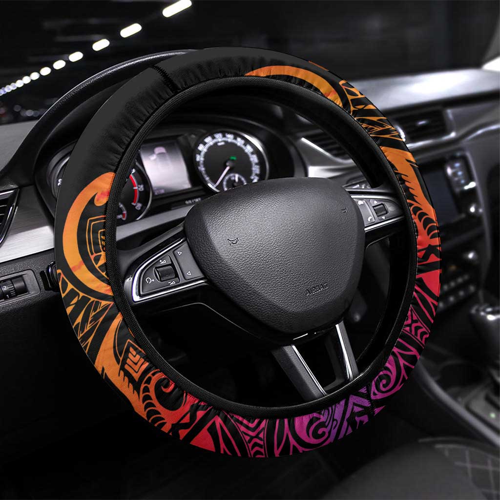 Vanuatu Boar Cowboy Steering Wheel Cover Tusk Gradient Polynesian Pattern LT14 Universal Fit Black - Polynesian Pride