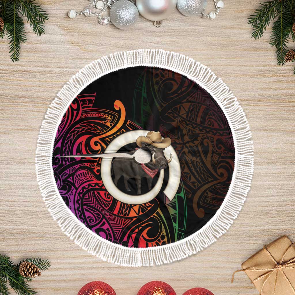 Vanuatu Boar Cowboy Tree Skirt Tusk Gradient Polynesian Pattern LT14 Fringed Black - Polynesian Pride
