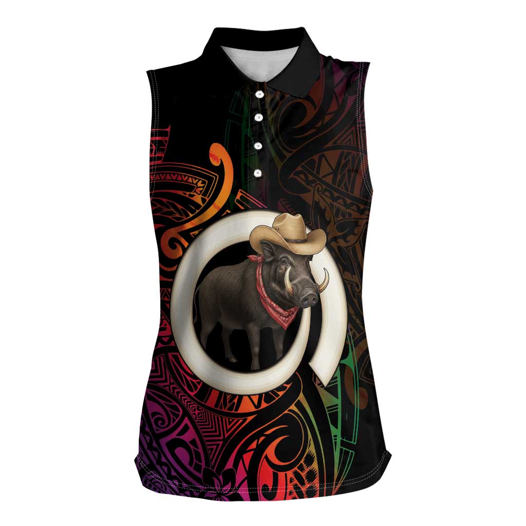Vanuatu Boar Cowboy Women Sleeveless Polo Shirt Tusk Gradient Polynesian Pattern LT14 Female Black - Polynesian Pride