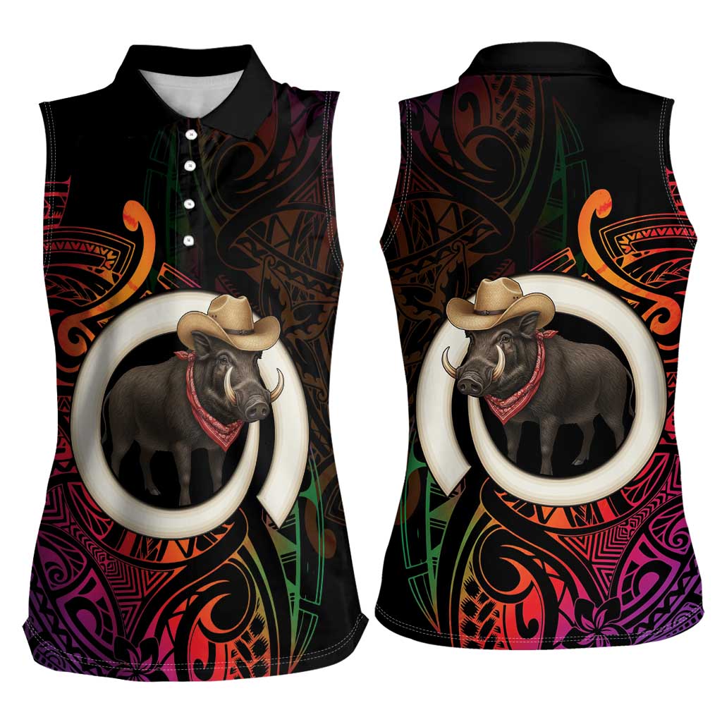 Vanuatu Boar Cowboy Women Sleeveless Polo Shirt Tusk Gradient Polynesian Pattern LT14 - Polynesian Pride