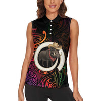 Vanuatu Boar Cowboy Women Sleeveless Polo Shirt Tusk Gradient Polynesian Pattern LT14 - Polynesian Pride