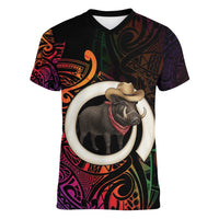 Vanuatu Boar Cowboy Women V-Neck T-Shirt Tusk Gradient Polynesian Pattern - Polynesian Pride