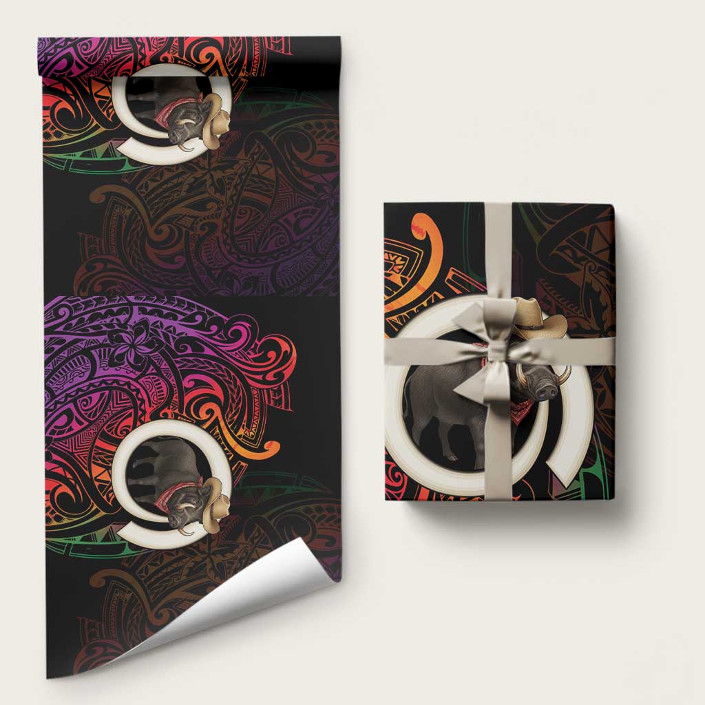 Vanuatu Boar Cowboy Wrapping Paper Tusk Gradient Polynesian Pattern LT14 58" × 23" Black - Polynesian Pride