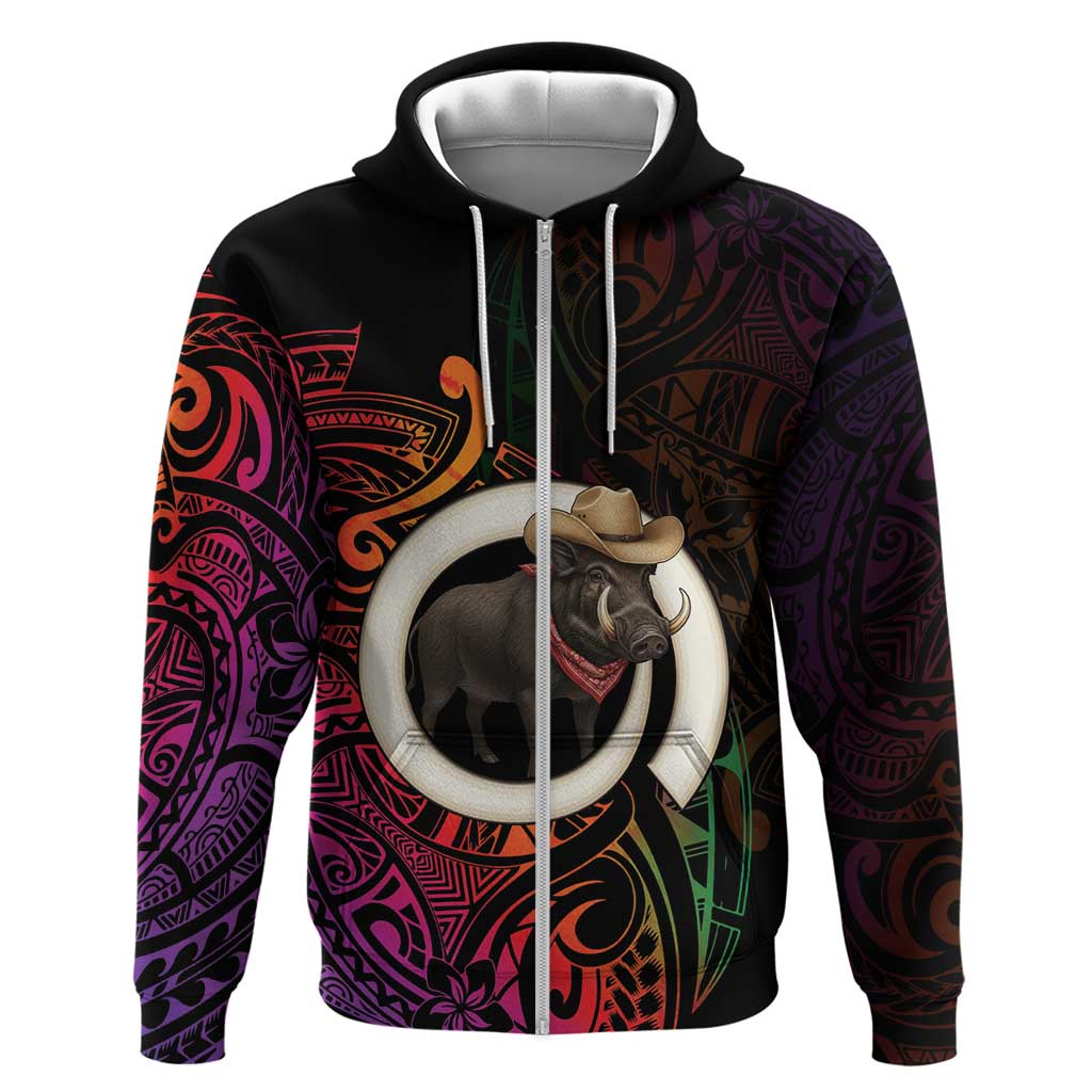 Vanuatu Boar Cowboy Zip Hoodie Tusk Gradient Polynesian Pattern - Polynesian Pride