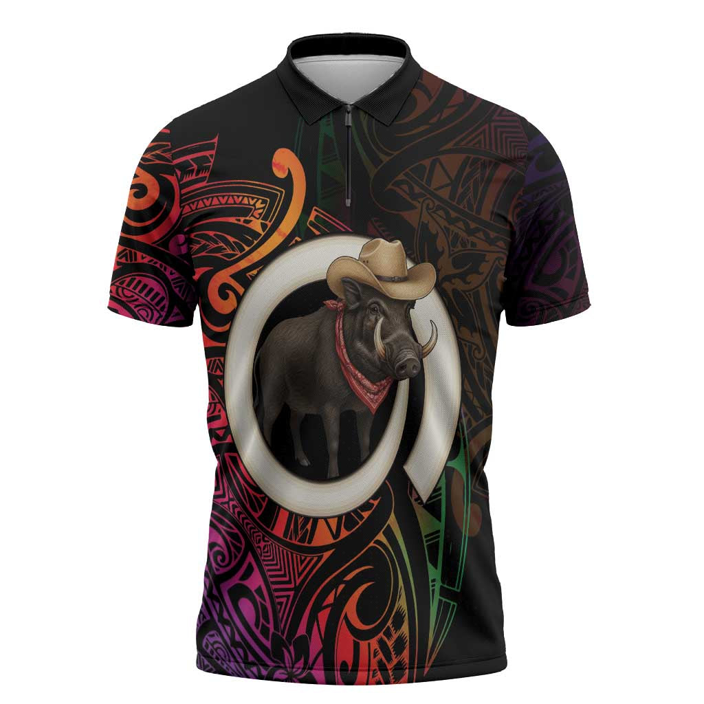 Vanuatu Boar Cowboy Zipper Polo Shirt Tusk Gradient Polynesian Pattern LT14 Black - Polynesian Pride