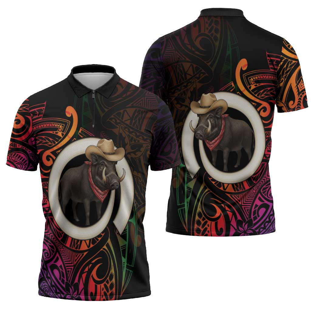 Vanuatu Boar Cowboy Zipper Polo Shirt Tusk Gradient Polynesian Pattern LT14 - Polynesian Pride
