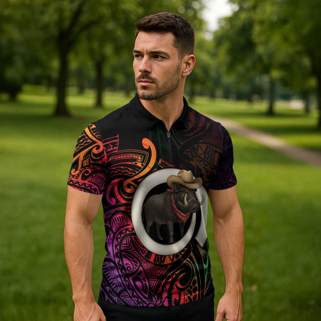 Vanuatu Boar Cowboy Zipper Polo Shirt Tusk Gradient Polynesian Pattern LT14 - Polynesian Pride