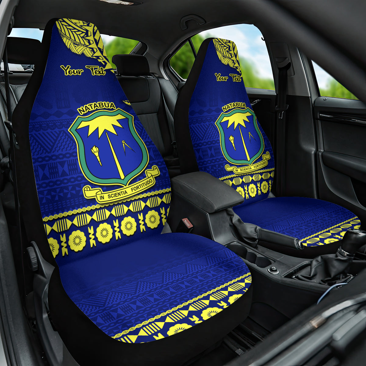 Personalised Fiji Natabua High School Car Seat Cover Fijian Tapa Pattern LT14 One Size Blue - Polynesian Pride