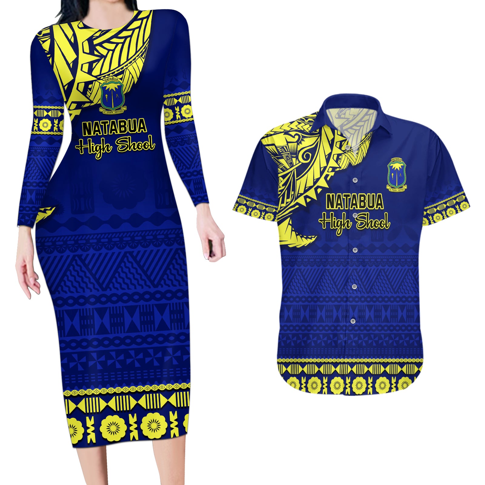 Personalised Fiji Natabua High School Couples Matching Long Sleeve Bodycon Dress and Hawaiian Shirt Fijian Tapa Pattern LT14 Blue - Polynesian Pride