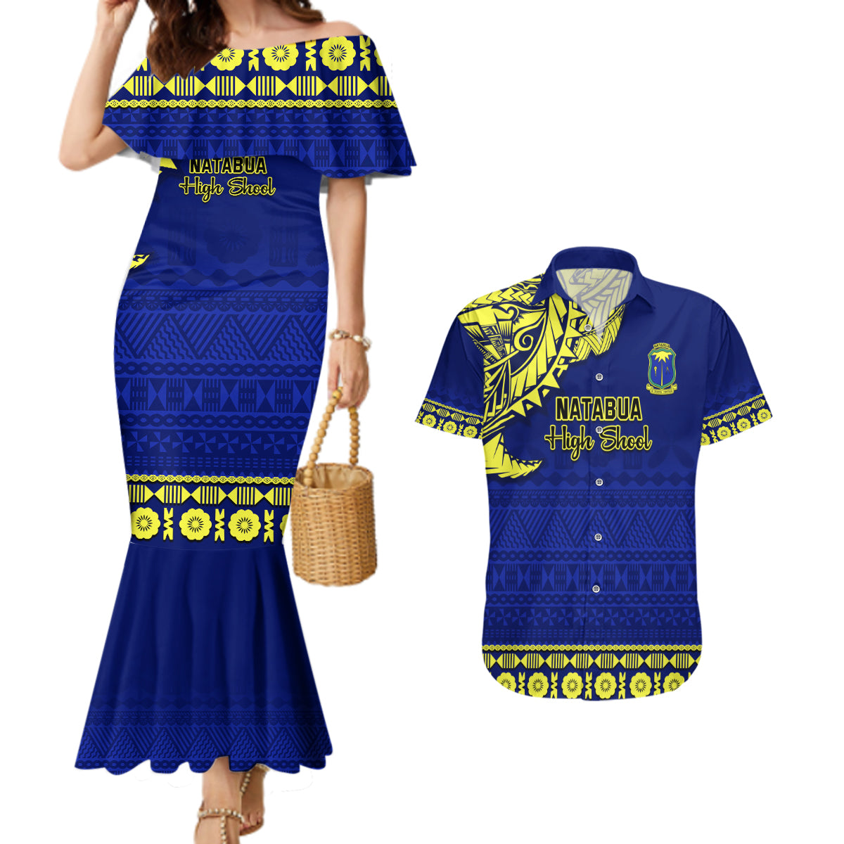 Personalised Fiji Natabua High School Couples Matching Mermaid Dress and Hawaiian Shirt Fijian Tapa Pattern LT14 Blue - Polynesian Pride