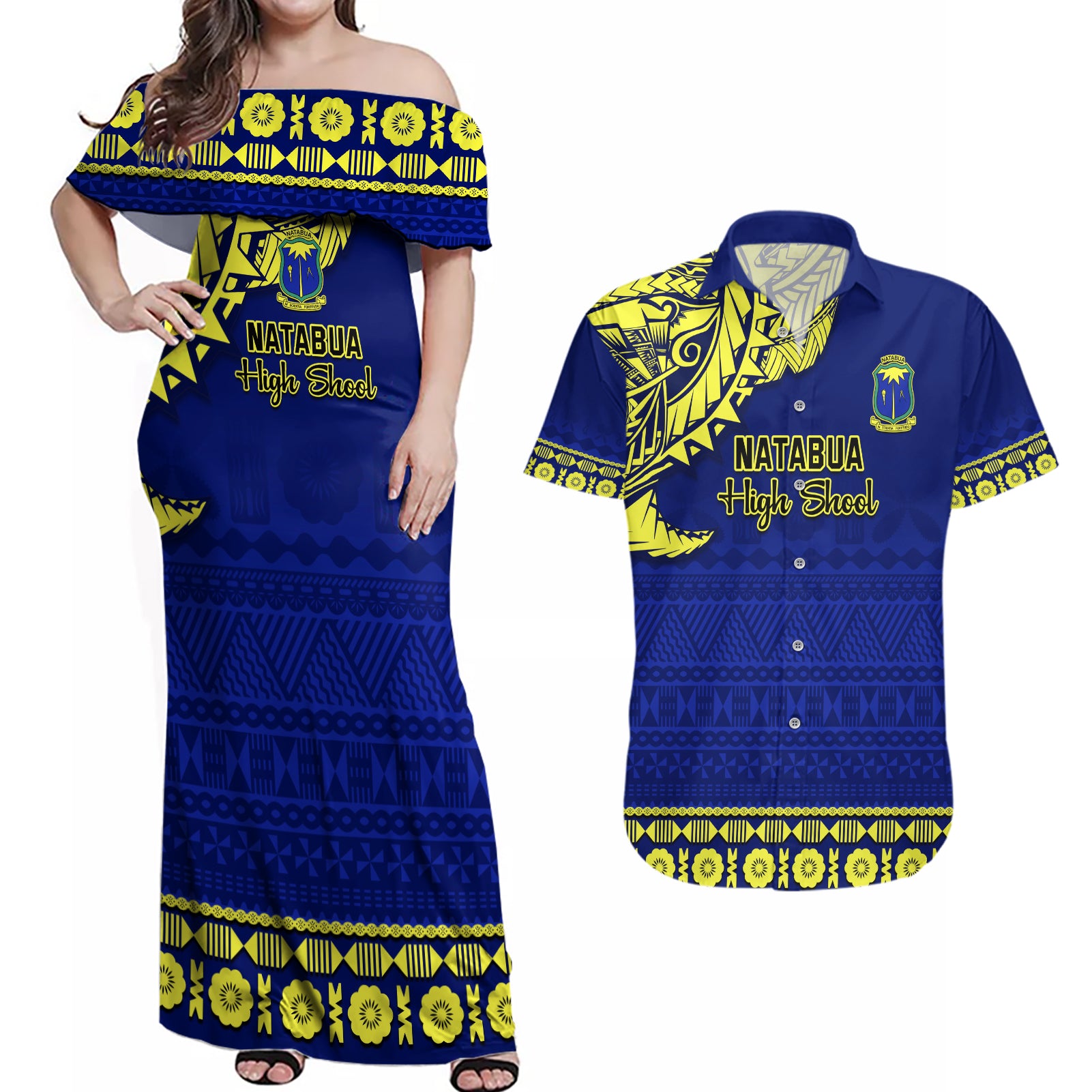 Personalised Fiji Natabua High School Couples Matching Off Shoulder Maxi Dress and Hawaiian Shirt Fijian Tapa Pattern LT14 Blue - Polynesian Pride