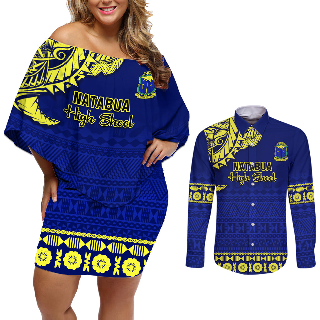 Personalised Fiji Natabua High School Couples Matching Off Shoulder Short Dress and Long Sleeve Button Shirt Fijian Tapa Pattern LT14 Blue - Polynesian Pride