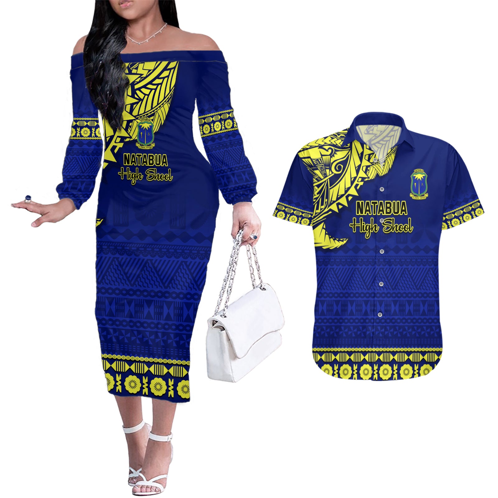 Personalised Fiji Natabua High School Couples Matching Off The Shoulder Long Sleeve Dress and Hawaiian Shirt Fijian Tapa Pattern LT14 Blue - Polynesian Pride