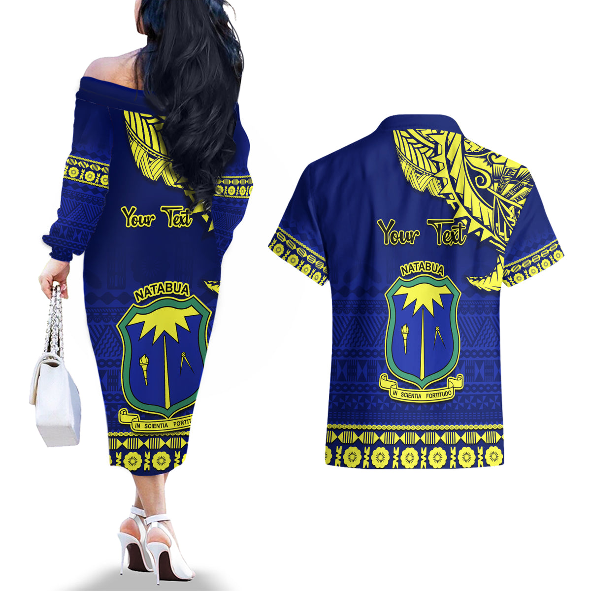 Personalised Fiji Natabua High School Couples Matching Off The Shoulder Long Sleeve Dress and Hawaiian Shirt Fijian Tapa Pattern LT14 - Polynesian Pride
