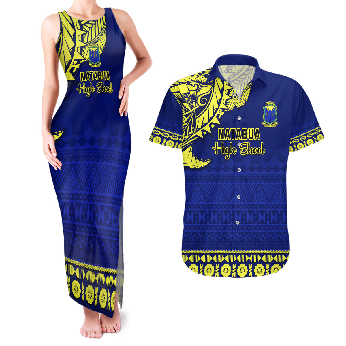 Personalised Fiji Natabua High School Couples Matching Tank Maxi Dress and Hawaiian Shirt Fijian Tapa Pattern LT14 Blue - Polynesian Pride
