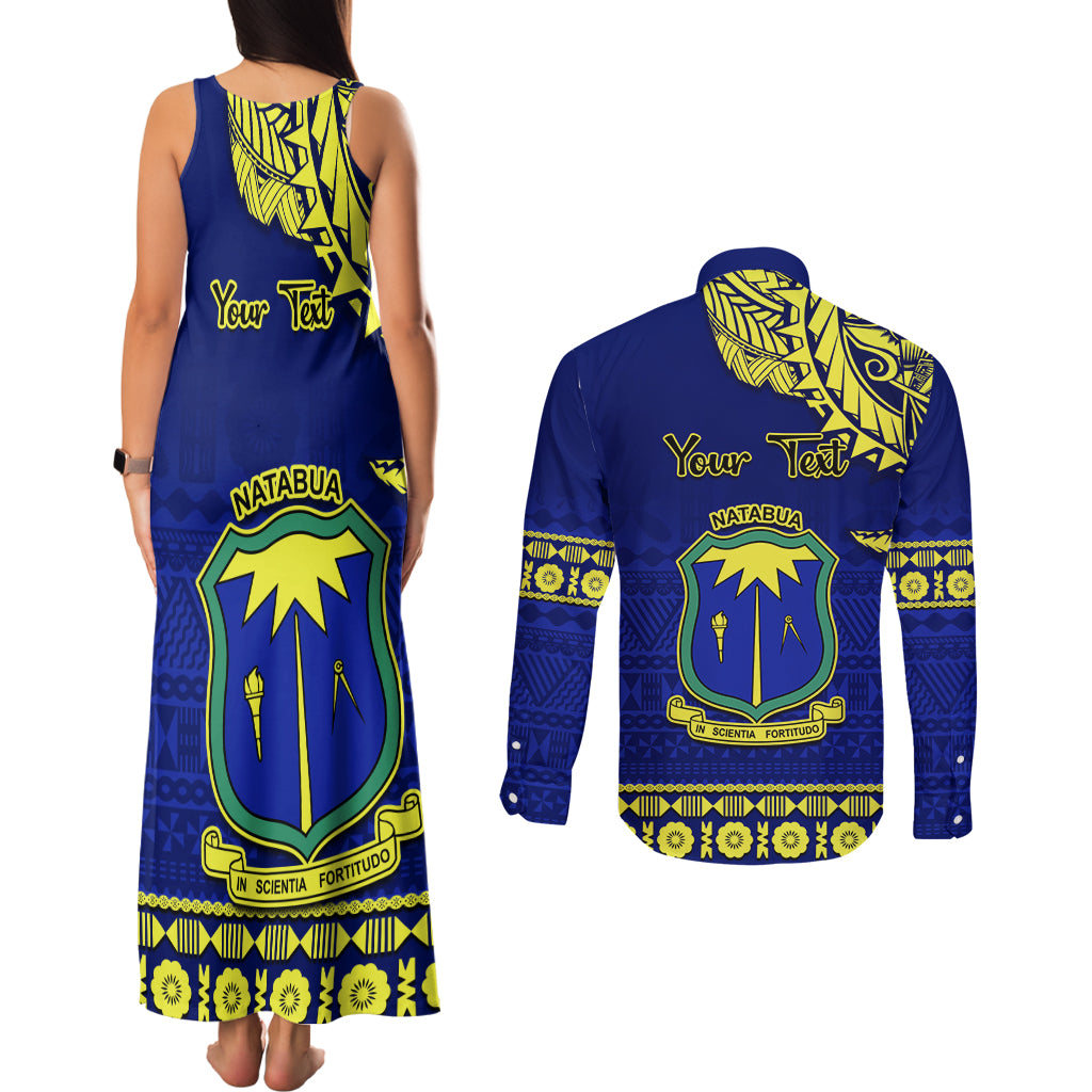 Personalised Fiji Natabua High School Couples Matching Tank Maxi Dress and Long Sleeve Button Shirt Fijian Tapa Pattern LT14 - Polynesian Pride