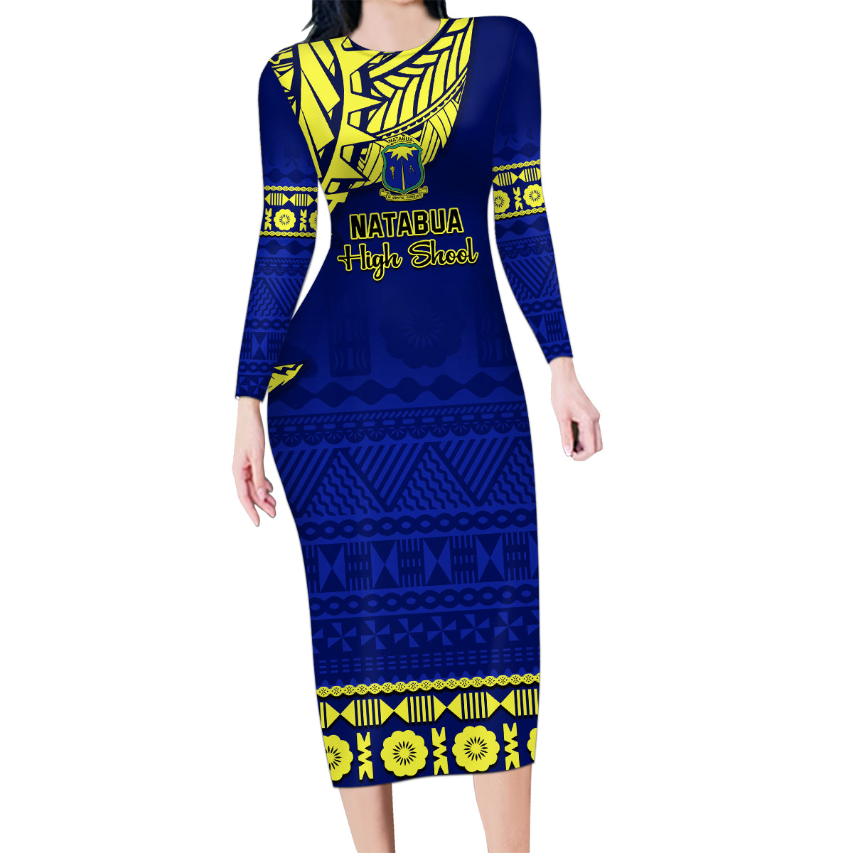 Personalised Fiji Natabua High School Family Matching Long Sleeve Bodycon Dress and Hawaiian Shirt Fijian Tapa Pattern LT14 Mom's Dress Blue - Polynesian Pride
