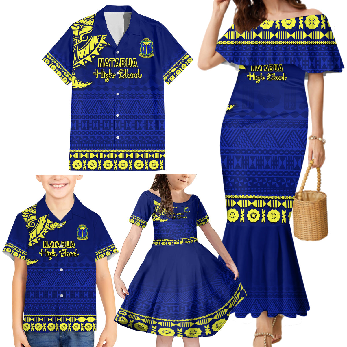 Personalised Fiji Natabua High School Family Matching Mermaid Dress and Hawaiian Shirt Fijian Tapa Pattern LT14 - Polynesian Pride