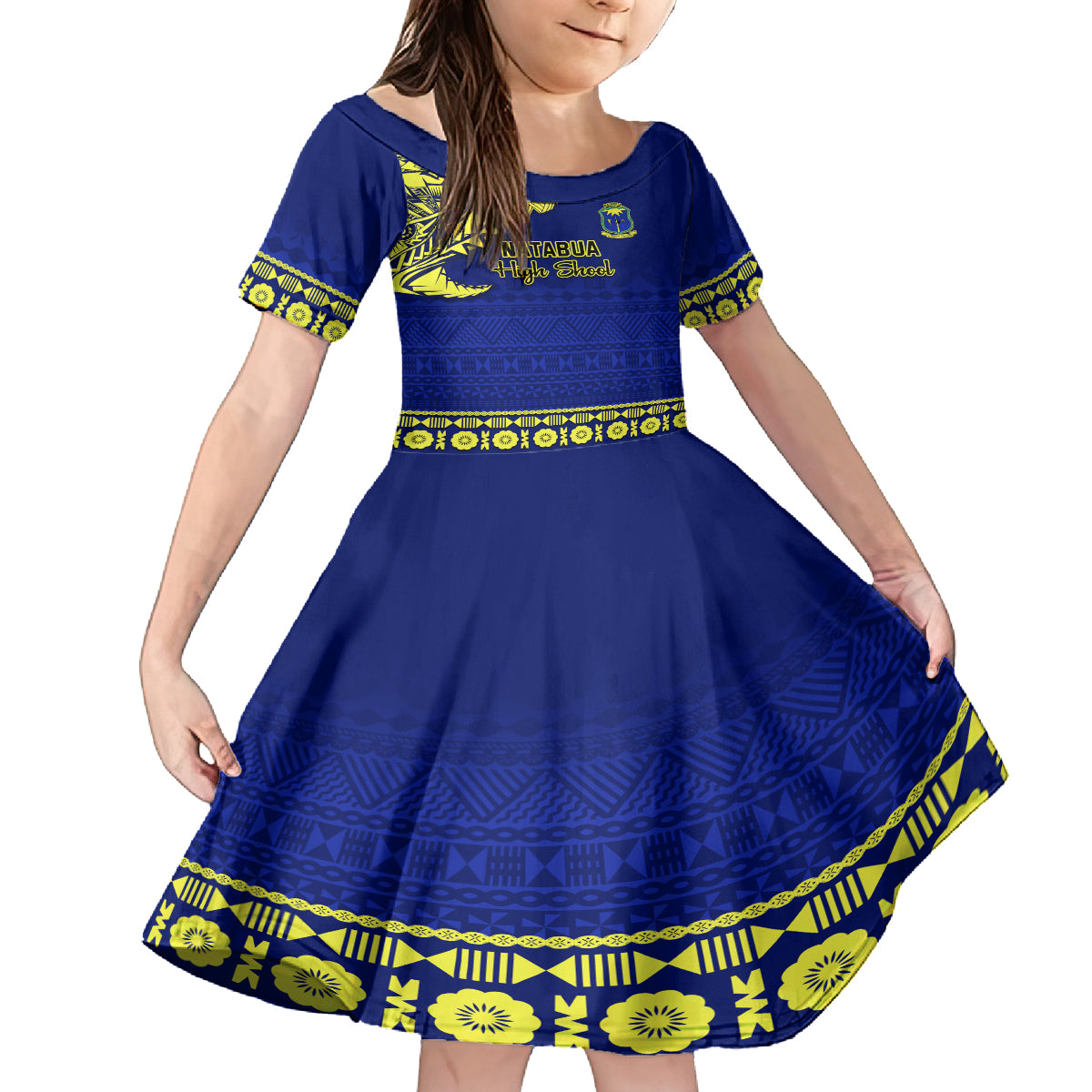 Personalised Fiji Natabua High School Family Matching Off Shoulder Maxi Dress and Hawaiian Shirt Fijian Tapa Pattern LT14 Daughter's Dress Blue - Polynesian Pride