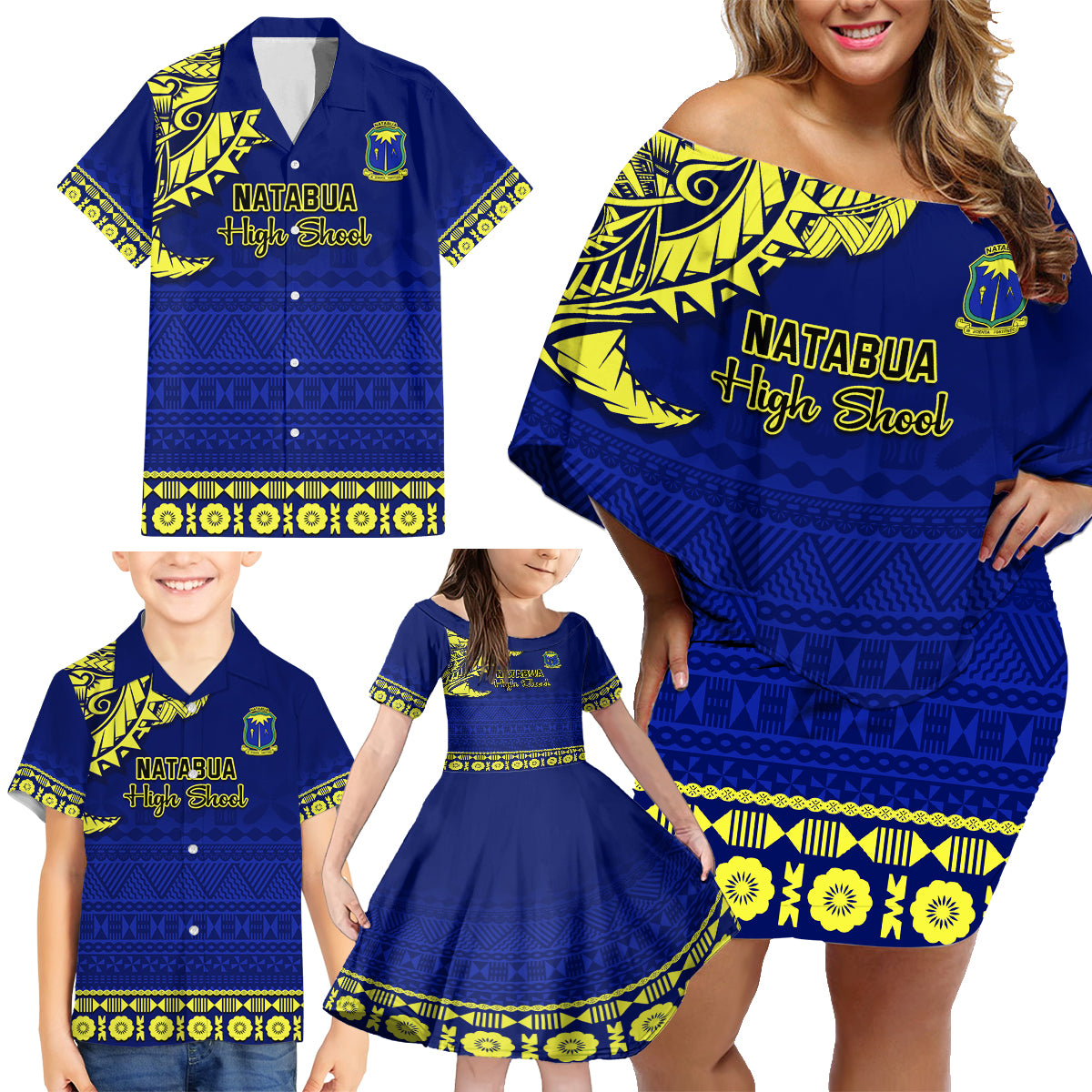 Personalised Fiji Natabua High School Family Matching Off Shoulder Short Dress and Hawaiian Shirt Fijian Tapa Pattern LT14 - Polynesian Pride