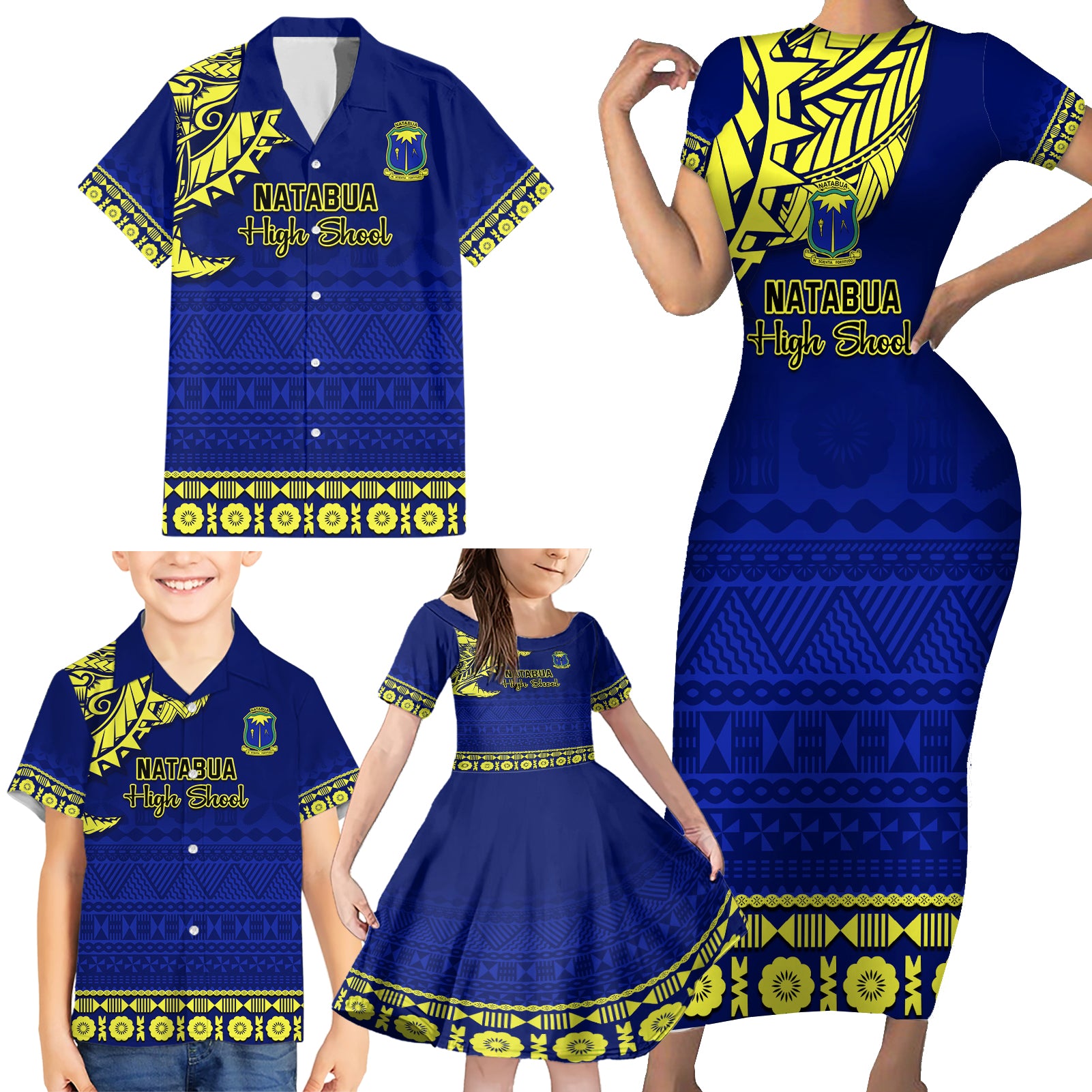 Personalised Fiji Natabua High School Family Matching Short Sleeve Bodycon Dress and Hawaiian Shirt Fijian Tapa Pattern LT14 - Polynesian Pride