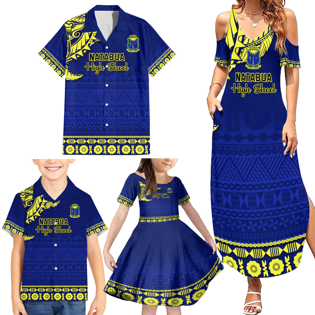 Personalised Fiji Natabua High School Family Matching Summer Maxi Dress and Hawaiian Shirt Fijian Tapa Pattern LT14 - Polynesian Pride