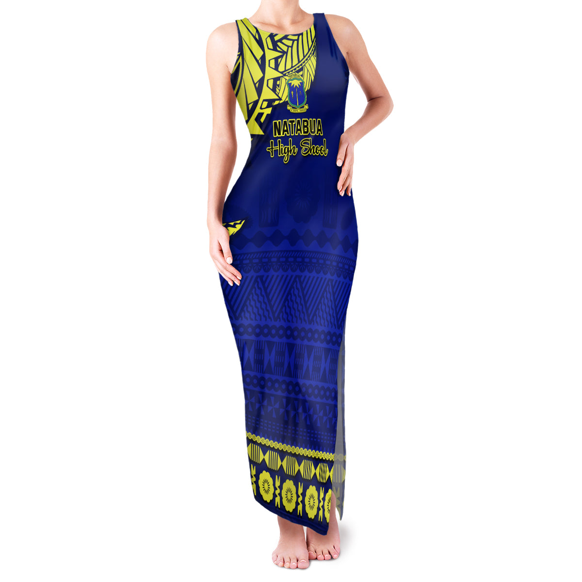 Personalised Fiji Natabua High School Family Matching Tank Maxi Dress and Hawaiian Shirt Fijian Tapa Pattern LT14 Mom's Dress Blue - Polynesian Pride