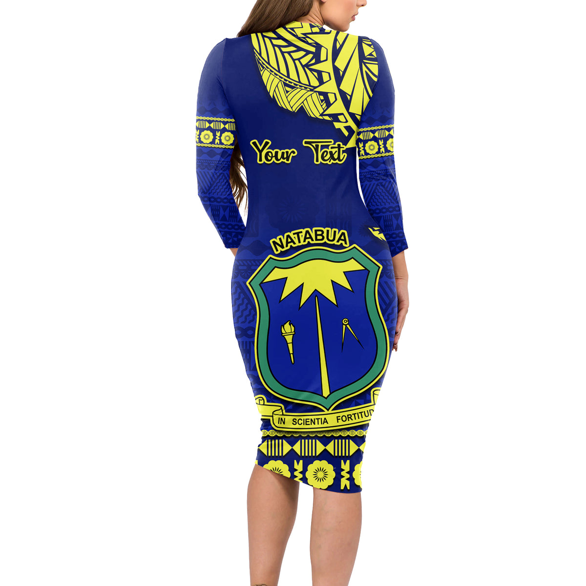 Personalised Fiji Natabua High School Long Sleeve Bodycon Dress Fijian Tapa Pattern LT14 - Polynesian Pride
