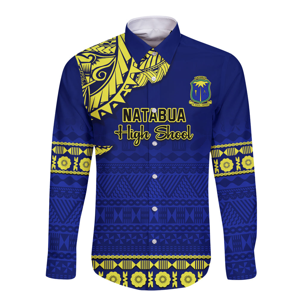 Personalised Fiji Natabua High School Long Sleeve Button Shirt Fijian Tapa Pattern LT14 Unisex Blue - Polynesian Pride