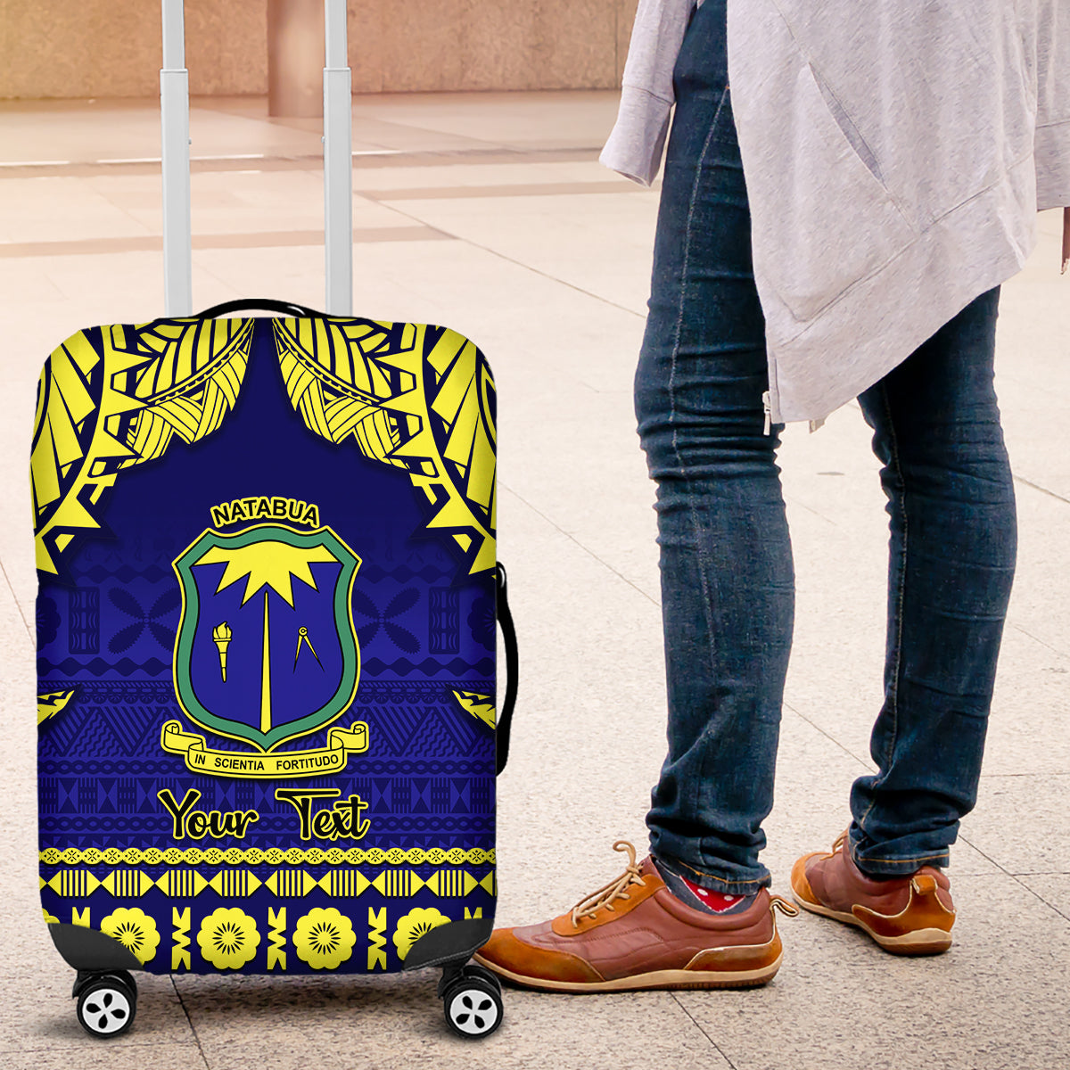 Personalised Fiji Natabua High School Luggage Cover Fijian Tapa Pattern LT14 Blue - Polynesian Pride