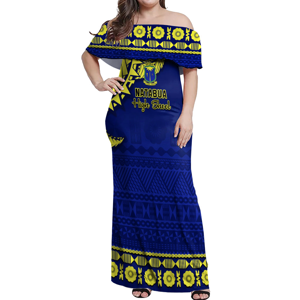 Personalised Fiji Natabua High School Off Shoulder Maxi Dress Fijian Tapa Pattern LT14 Women Blue - Polynesian Pride