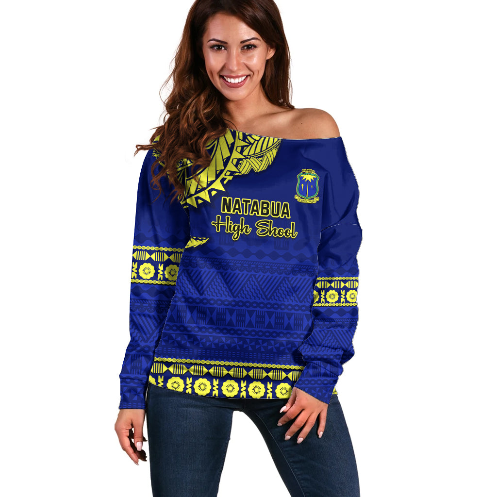 Personalised Fiji Natabua High School Off Shoulder Sweater Fijian Tapa Pattern LT14 Women Blue - Polynesian Pride