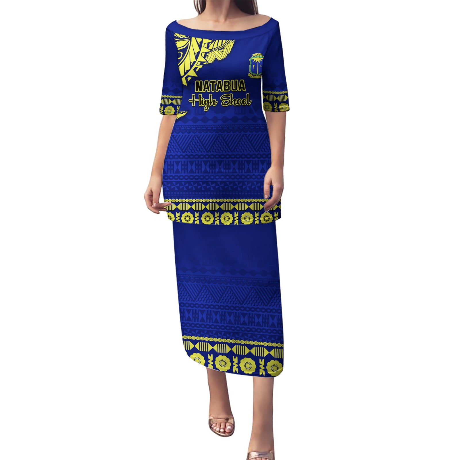 Personalised Fiji Natabua High School Puletasi Fijian Tapa Pattern LT14 Long Dress Blue - Polynesian Pride