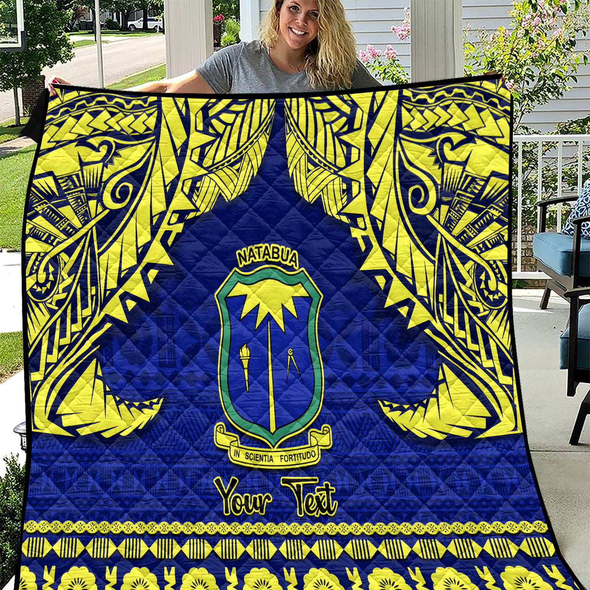 Personalised Fiji Natabua High School Quilt Fijian Tapa Pattern LT14 Blue - Polynesian Pride