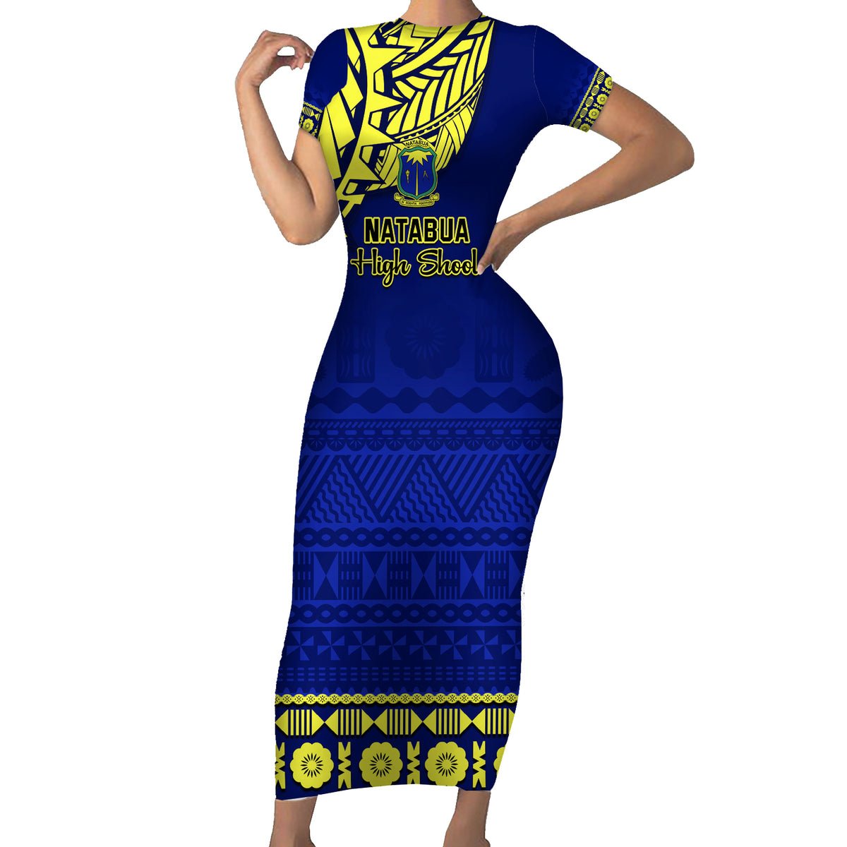 Personalised Fiji Natabua High School Short Sleeve Bodycon Dress Fijian Tapa Pattern LT14 Long Dress Blue - Polynesian Pride