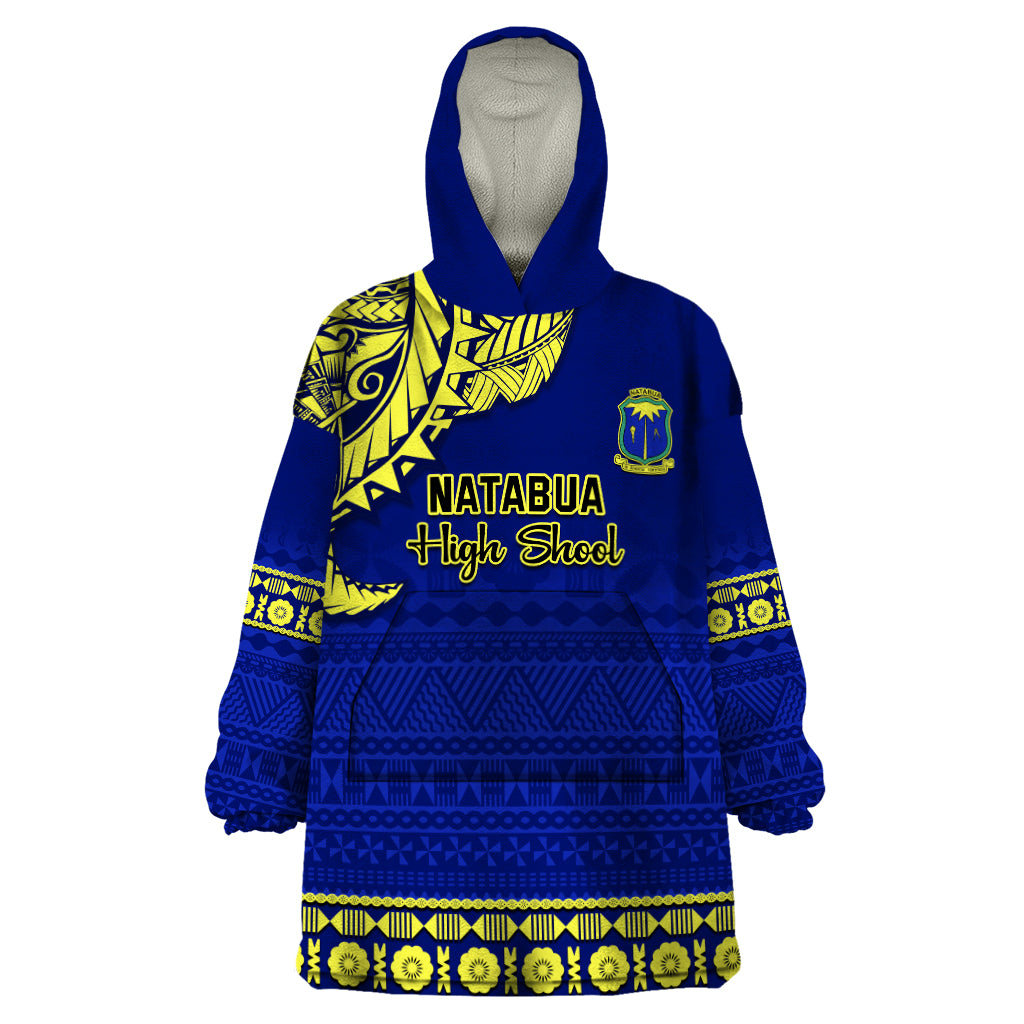 Personalised Fiji Natabua High School Wearable Blanket Hoodie Fijian Tapa Pattern LT14 One Size Blue - Polynesian Pride