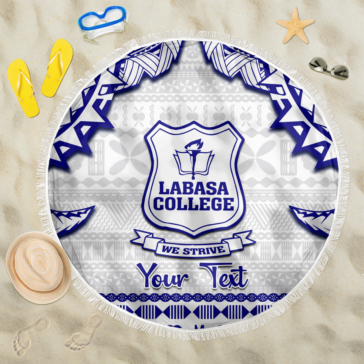 Personalised Fiji Labasa College Beach Blanket Fijian Tapa Pattern LT14 One Size 150cm White - Polynesian Pride