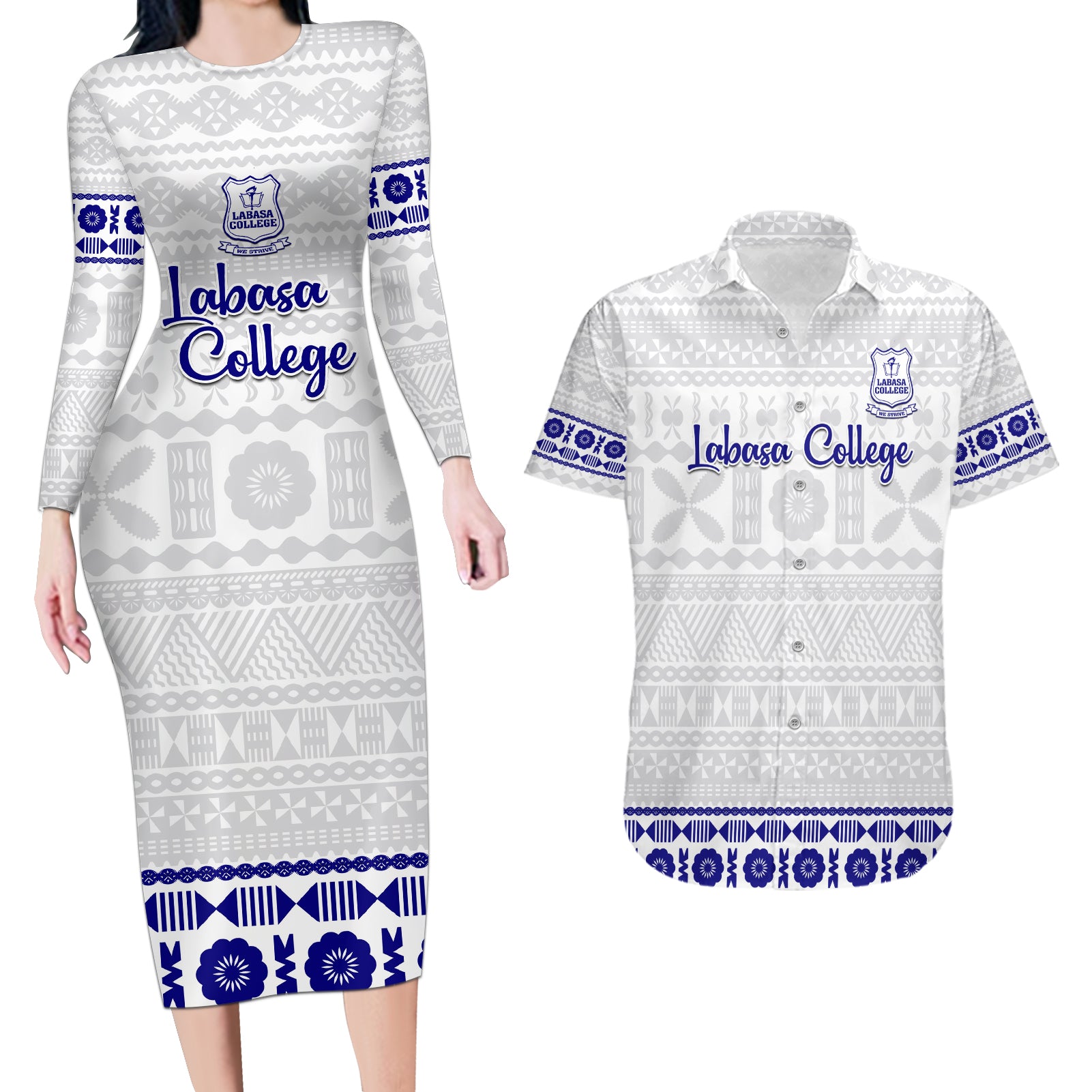 Personalised Fiji Labasa College Couples Matching Long Sleeve Bodycon Dress and Hawaiian Shirt Fijian Tapa Pattern LT14 White - Polynesian Pride