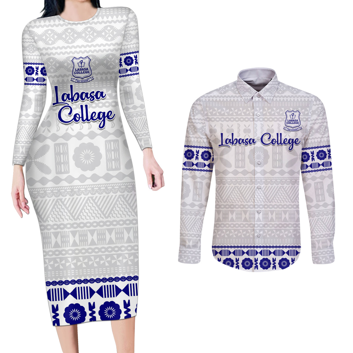 Personalised Fiji Labasa College Couples Matching Long Sleeve Bodycon Dress and Long Sleeve Button Shirt Fijian Tapa Pattern LT14 White - Polynesian Pride