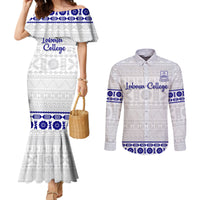 Personalised Fiji Labasa College Couples Matching Mermaid Dress and Long Sleeve Button Shirt Fijian Tapa Pattern LT14 White - Polynesian Pride
