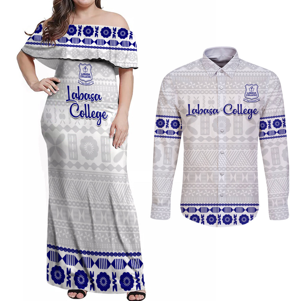 Personalised Fiji Labasa College Couples Matching Off Shoulder Maxi Dress and Long Sleeve Button Shirt Fijian Tapa Pattern LT14 White - Polynesian Pride