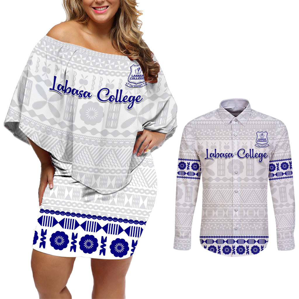 Personalised Fiji Labasa College Couples Matching Off Shoulder Short Dress and Long Sleeve Button Shirt Fijian Tapa Pattern LT14 White - Polynesian Pride