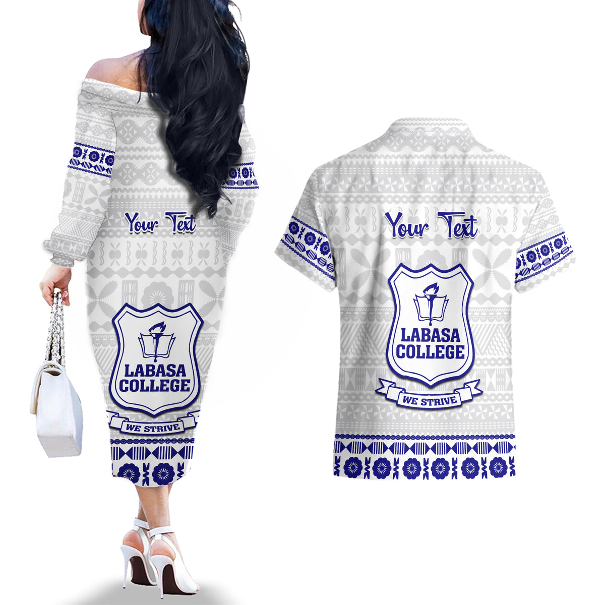 Personalised Fiji Labasa College Couples Matching Off The Shoulder Long Sleeve Dress and Hawaiian Shirt Fijian Tapa Pattern LT14 - Polynesian Pride