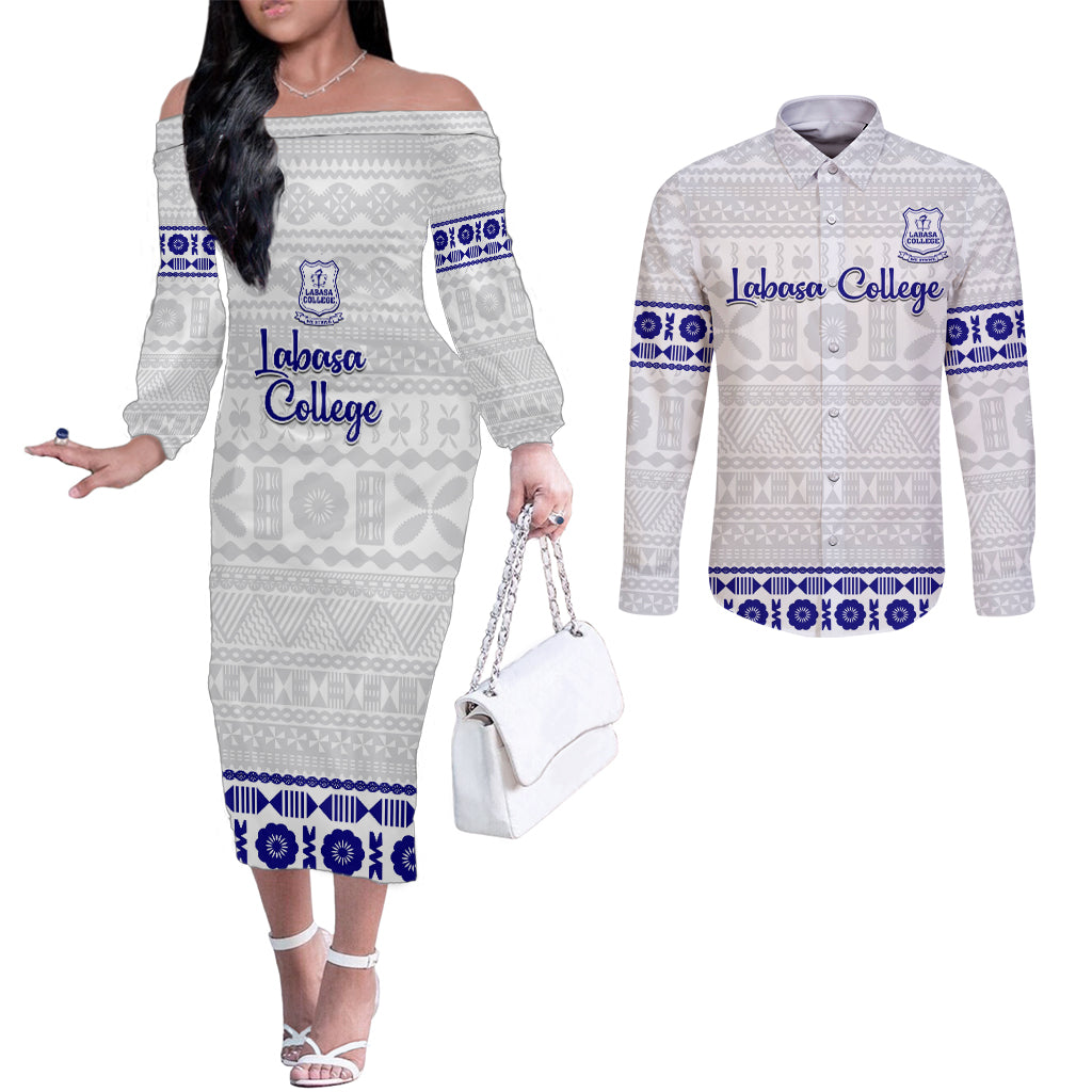 Personalised Fiji Labasa College Couples Matching Off The Shoulder Long Sleeve Dress and Long Sleeve Button Shirt Fijian Tapa Pattern LT14 White - Polynesian Pride