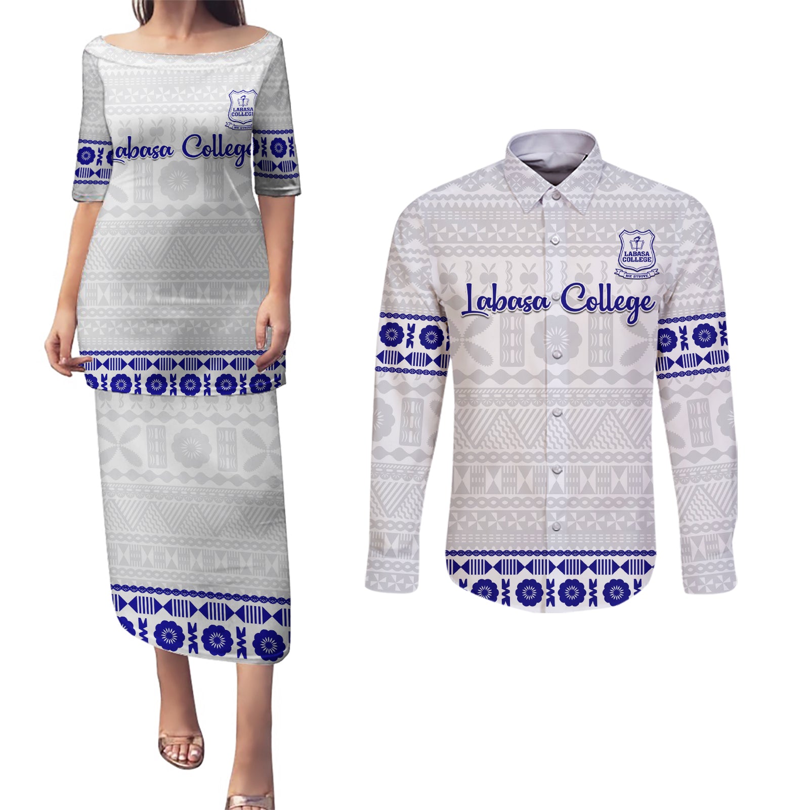 Personalised Fiji Labasa College Couples Matching Puletasi Dress and Long Sleeve Button Shirt Fijian Tapa Pattern LT14 White - Polynesian Pride