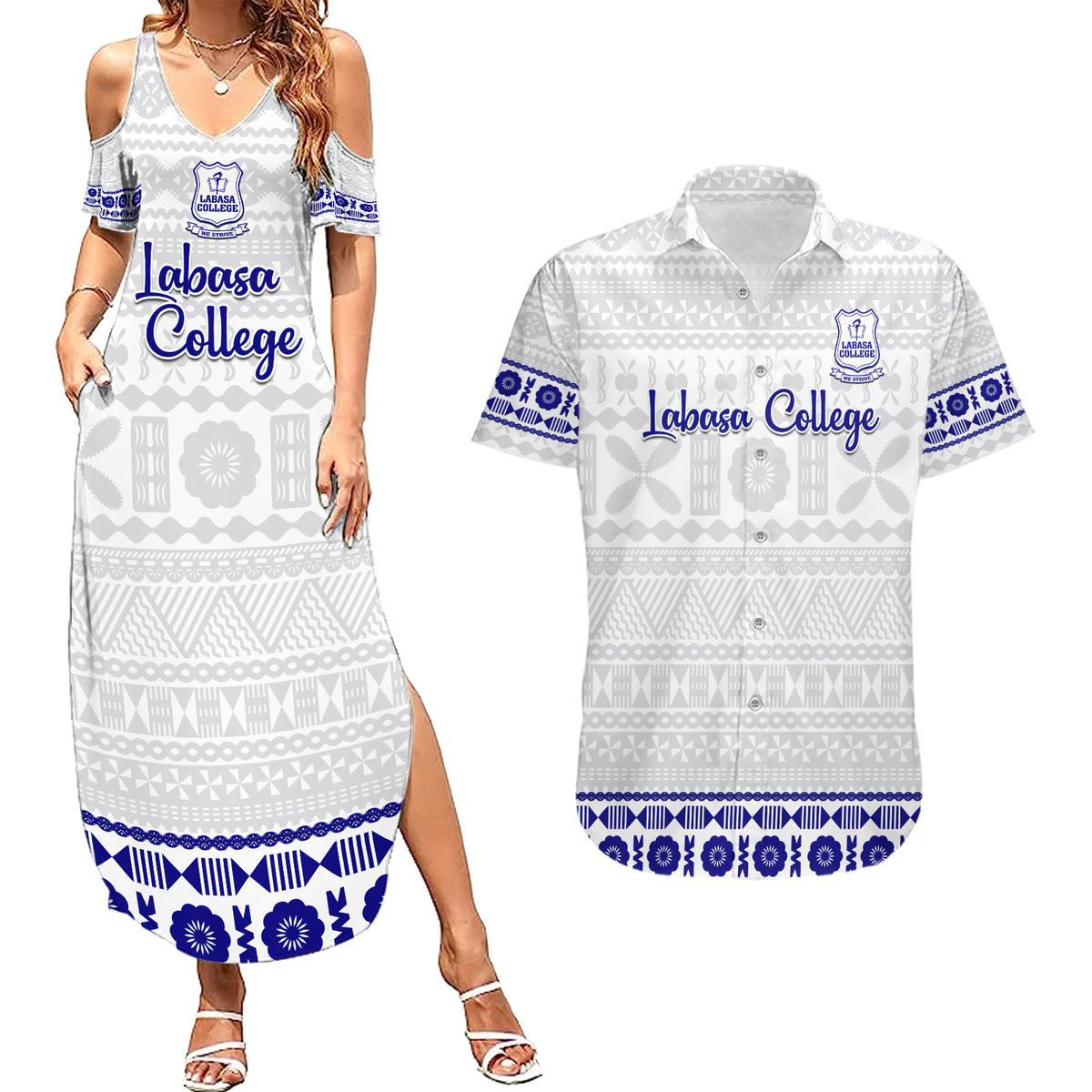 Personalised Fiji Labasa College Couples Matching Summer Maxi Dress and Hawaiian Shirt Fijian Tapa Pattern LT14 White - Polynesian Pride