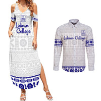 Personalised Fiji Labasa College Couples Matching Summer Maxi Dress and Long Sleeve Button Shirt Fijian Tapa Pattern LT14 White - Polynesian Pride